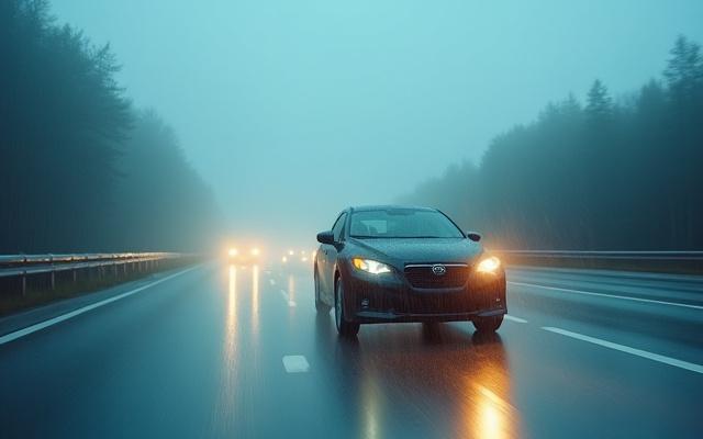 雨の高速道路を安全に走行する車の画像