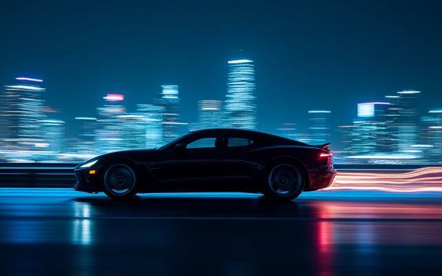 夜景を背景に、流れるような運転操作を示す車のシルエット