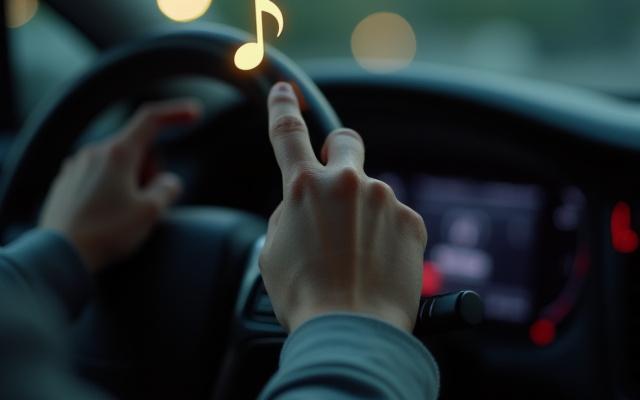 運転席でリラックスしてハンドルを握る女性の手と、背景に音波のリズムグラフィック