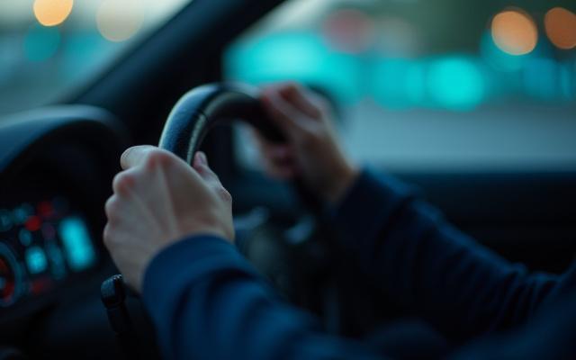 運転席でリラックスしてハンドルを握る女性の手と、背景に音波のリズムグラフィック