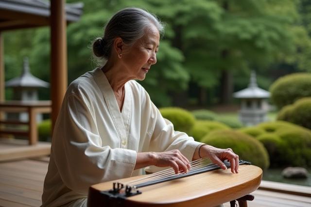 琴ドライブ創設者の田中恵子が日本の伝統的な庭園で琴を弾いている様子