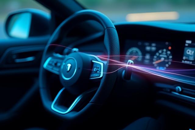 運転中の車のハンドルと、その上を流れるサウンドウェーブを表現した抽象的なグラフィック